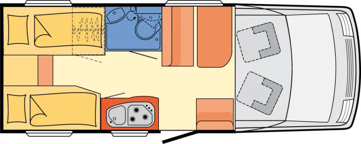 Grundriss Tag Dethleffs Globebus I 4 EINZELBETTEN+HUBBETT+1.HAND