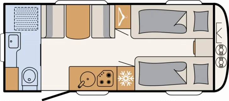 Grundriss Tag Dethleffs Nomad 490 EST Backofen, Heckbad mit Dusche