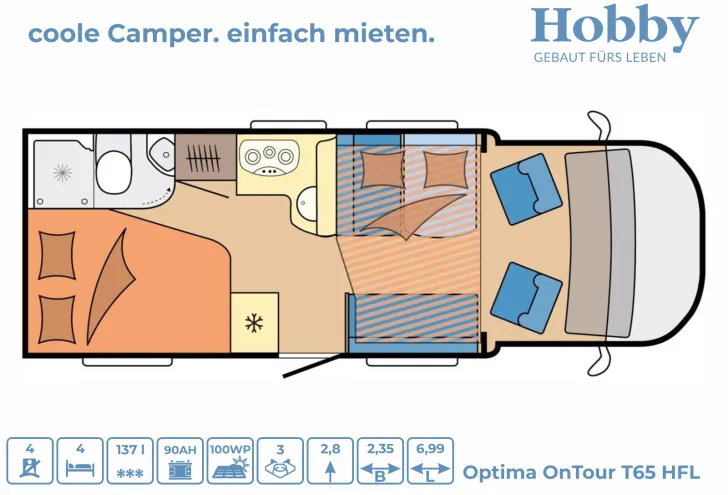 Grundriss Nacht Hobby Optima ONTOUR T65 HFL Hubbett